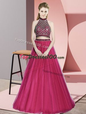 Halter Top Sleeveless Tulle Prom Party Dress Beading Backless