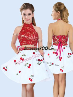 White And Red Halter Top Lace Up Lace and Pattern Dama Dress Sleeveless