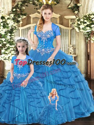 Stunning Floor Length Lace Up Quinceanera Gowns Blue for Military Ball and Sweet 16 and Quinceanera with Beading and Ruffles