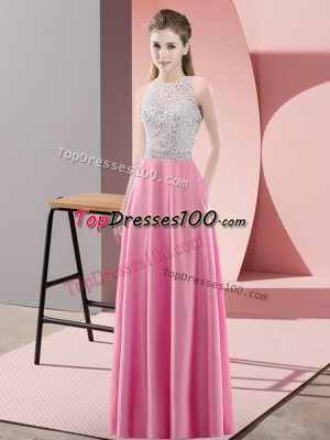 Scoop Sleeveless Dress for Prom Floor Length Beading Rose Pink Satin