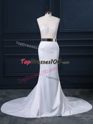 Elastic Woven Satin Sleeveless Wedding Gowns Brush Train and Appliques and Sashes ribbons