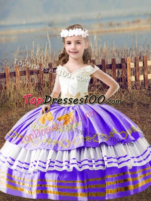 Off The Shoulder Sleeveless Child Pageant Dress Floor Length Embroidery Lavender Satin