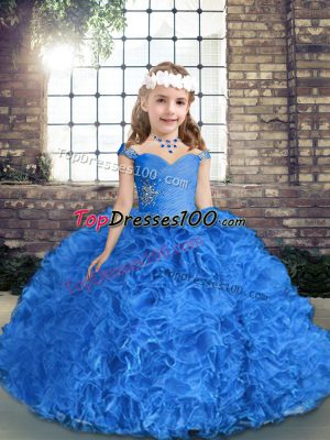 Royal Blue Ball Gowns Fabric With Rolling Flowers Straps Sleeveless Beading and Ruching Floor Length Lace Up Pageant Gowns For Girls