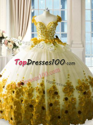 Top Selling Olive Green Tulle Zipper Quince Ball Gowns Sleeveless Brush Train Hand Made Flower