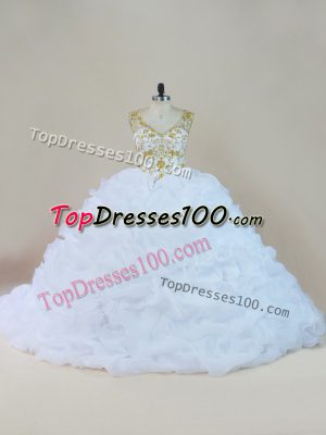 Glittering Brush Train Ball Gowns Quinceanera Gowns White V-neck Organza Sleeveless Lace Up