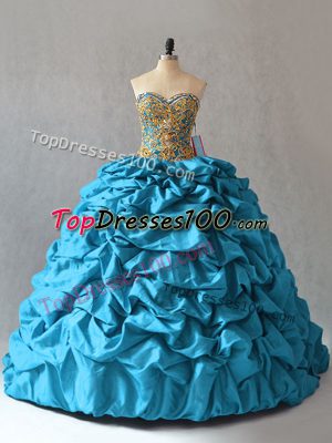 Fine Beading and Pick Ups Quinceanera Gown Aqua Blue Lace Up Sleeveless Brush Train