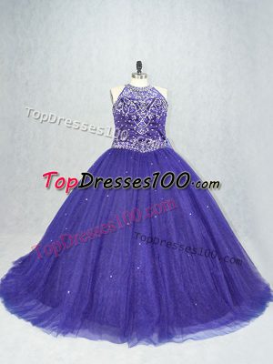 Low Price Purple Sleeveless Tulle Brush Train Lace Up Quinceanera Dresses for Sweet 16 and Quinceanera