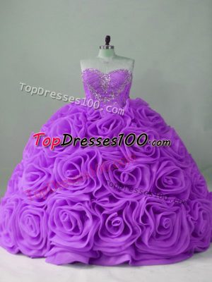 Sweetheart Sleeveless Fabric With Rolling Flowers 15 Quinceanera Dress Beading Brush Train Lace Up
