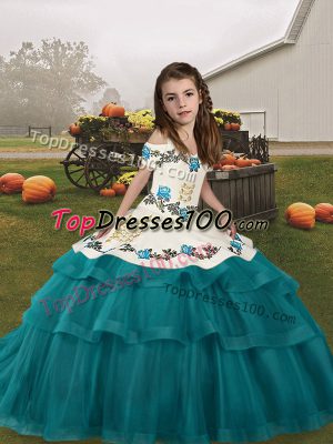 Straps Sleeveless Lace Up Pageant Dress for Teens Teal Tulle