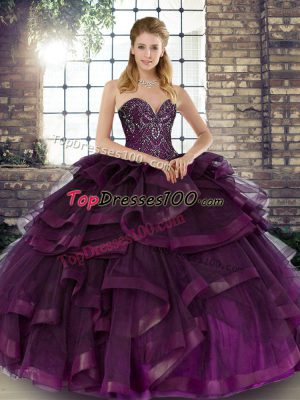 Sweetheart Sleeveless Quince Ball Gowns Floor Length Beading and Ruffles Dark Purple Tulle
