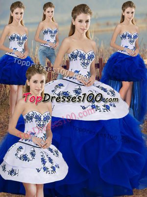Royal Blue Sleeveless Floor Length Embroidery and Ruffles and Bowknot Lace Up 15 Quinceanera Dress