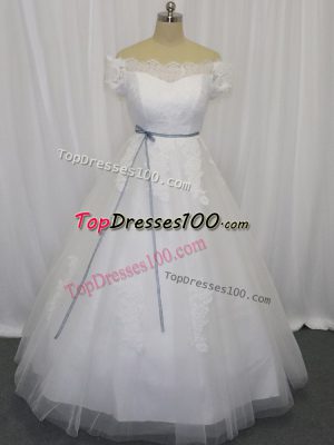 Dynamic White Lace Up Off The Shoulder Lace and Belt Wedding Dresses Tulle Short Sleeves