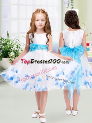 Super White A-line Scoop Sleeveless Tulle Knee Length Zipper Appliques and Belt Toddler Flower Girl Dress