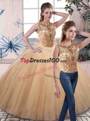 Comfortable Gold Sweet 16 Dress Military Ball and Sweet 16 and Quinceanera with Beading Scoop Sleeveless Lace Up