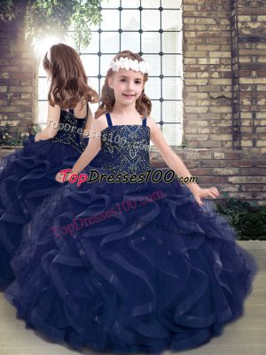 Enchanting Beading and Ruffles Little Girls Pageant Gowns Navy Blue Lace Up Sleeveless Floor Length