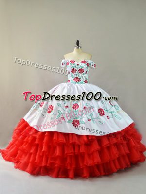 Colorful Sleeveless Embroidery and Ruffled Layers Lace Up Quinceanera Gown with White And Red Court Train