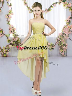 Yellow Lace Up Dama Dress for Quinceanera Beading Sleeveless High Low
