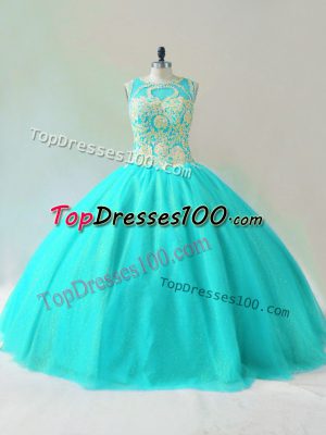 Fashionable Aqua Blue Scoop Neckline Beading Sweet 16 Dress Sleeveless Lace Up