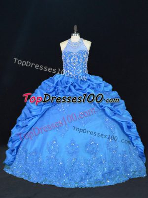 Great Blue Taffeta Lace Up Halter Top Sleeveless Floor Length Sweet 16 Dress Beading and Appliques and Embroidery and Pick Ups