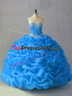 Graceful Sweetheart Sleeveless Sweet 16 Dress Floor Length Beading and Pick Ups and Hand Made Flower Blue Organza