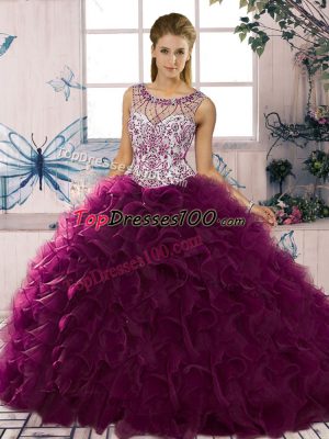 Clearance Dark Purple Ball Gowns Beading and Ruffles 15 Quinceanera Dress Lace Up Organza Sleeveless Floor Length