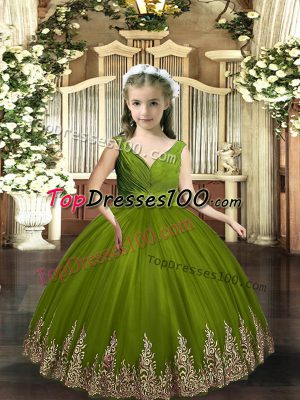 Olive Green Backless Kids Formal Wear Embroidery Sleeveless Floor Length