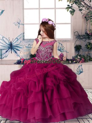 Cheap Fuchsia Sleeveless Floor Length Beading and Pick Ups Lace Up Little Girls Pageant Dress Wholesale