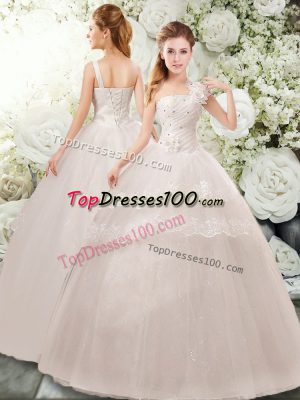 Cute White Ball Gowns Beading and Lace and Hand Made Flower Bridal Gown Lace Up Tulle Sleeveless Floor Length