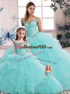 Affordable Floor Length Aqua Blue 15 Quinceanera Dress Tulle Sleeveless Beading and Ruffles