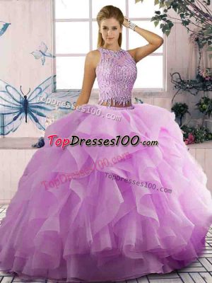 Fashion Floor Length Lace Up Quinceanera Dress Lilac for Sweet 16 and Quinceanera with Beading and Ruffles