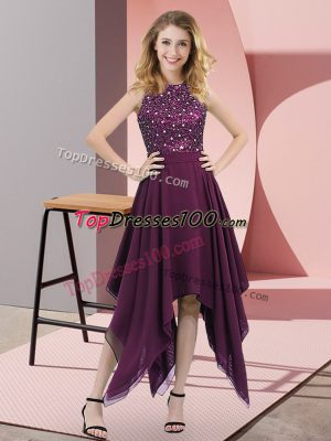 Custom Made Dark Purple Evening Dress Prom and Party with Beading and Sequins High-neck Sleeveless Zipper