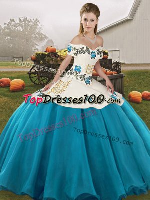 Nice Blue And White Sleeveless Floor Length Embroidery Lace Up Quinceanera Gowns