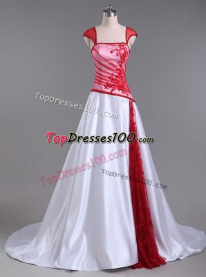 Edgy White And Red Strapless Lace Up Lace and Appliques Celebrity Style Dress Court Train Cap Sleeves