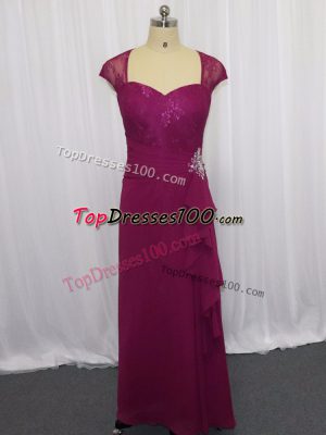 Sweetheart Cap Sleeves Dress for Prom Floor Length Beading and Lace and Appliques Fuchsia Chiffon