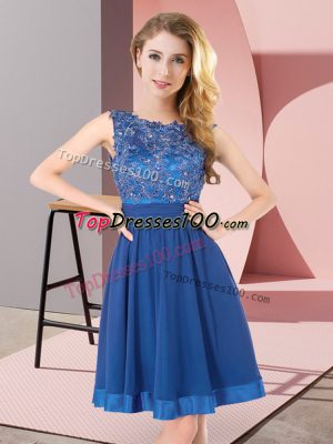 High Quality Blue Empire Scoop Sleeveless Chiffon Mini Length Backless Beading and Appliques Bridesmaid Dresses