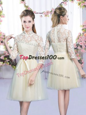 Mini Length Lace Up Vestidos de Damas Champagne for Wedding Party with Bowknot