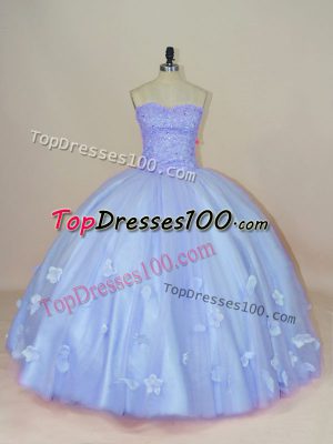 Glittering Sweetheart Sleeveless Quinceanera Gown Floor Length Beading and Hand Made Flower Lavender Tulle