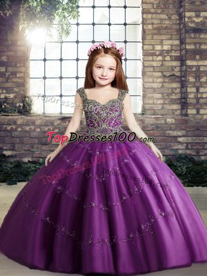 High Quality Purple Ball Gowns Straps Sleeveless Tulle Floor Length Lace Up Beading Little Girl Pageant Dress