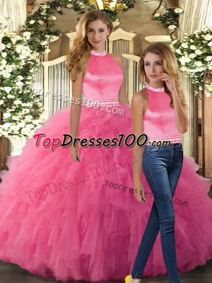 Hot Pink Halter Top Neckline Beading and Ruffles Quinceanera Gowns Sleeveless Backless