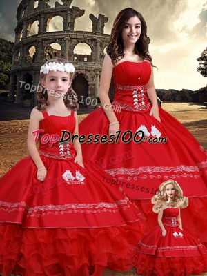 Strapless Sleeveless Satin 15 Quinceanera Dress Embroidery and Ruffles Lace Up