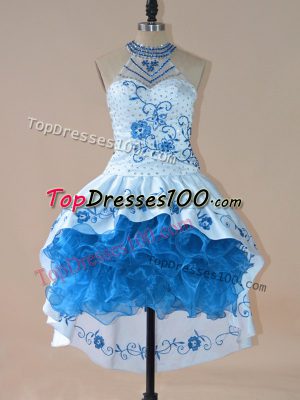 Edgy Blue Celeb Inspired Gowns Prom and Party and Military Ball and Sweet 16 with Embroidery and Ruffles Halter Top Sleeveless Lace Up