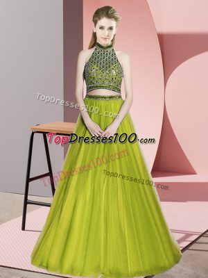 Top Selling Olive Green Backless Halter Top Beading Dress for Prom Tulle Sleeveless