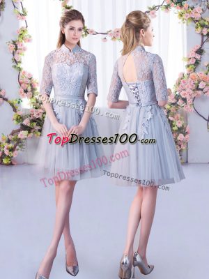 Grey Lace Up Quinceanera Court of Honor Dress Half Sleeves Mini Length Lace