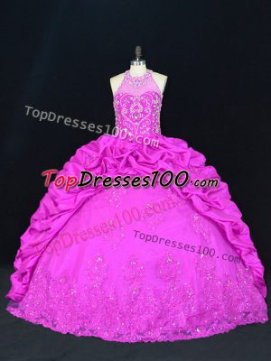 Fuchsia Halter Top Neckline Beading and Appliques and Pick Ups 15th Birthday Dress Sleeveless Lace Up