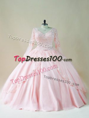 Exquisite Baby Pink Long Sleeves Beading and Appliques Floor Length Quinceanera Dresses