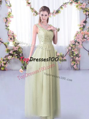 Most Popular Sleeveless Floor Length Lace and Belt Side Zipper Quinceanera Court of Honor Dress with Yellow Green