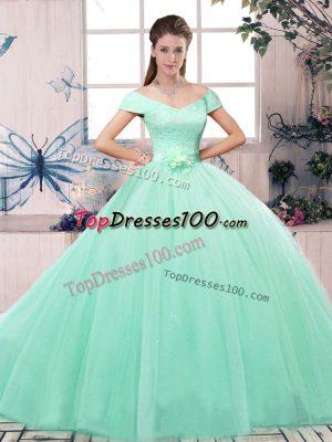 Apple Green Lace Up Vestidos de Quinceanera Lace and Hand Made Flower Short Sleeves Floor Length