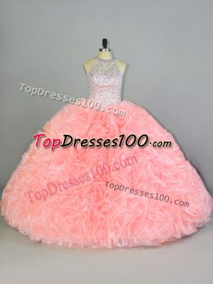 Captivating Peach Quince Ball Gowns Halter Top Sleeveless Lace Up