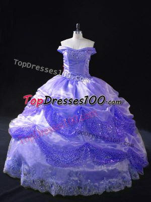 Fitting Lavender Off The Shoulder Neckline Beading and Pick Ups Vestidos de Quinceanera Sleeveless Lace Up