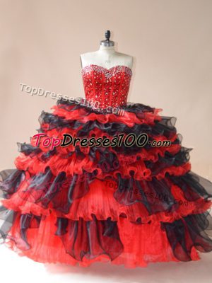 Red And Black Ball Gowns Sweetheart Sleeveless Organza Floor Length Lace Up Beading and Ruffled Layers 15 Quinceanera Dress